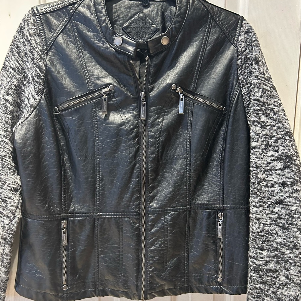 Jou Jou Black Leather Jacket with Gray Knit Sleeves